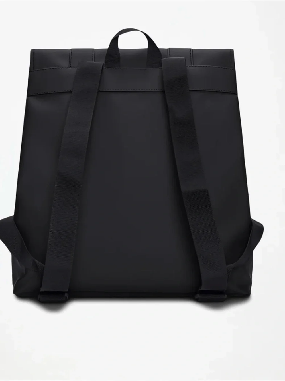 Rains Black Minimalist MSN Bag Waterproof Backpack with Flap and Buckles